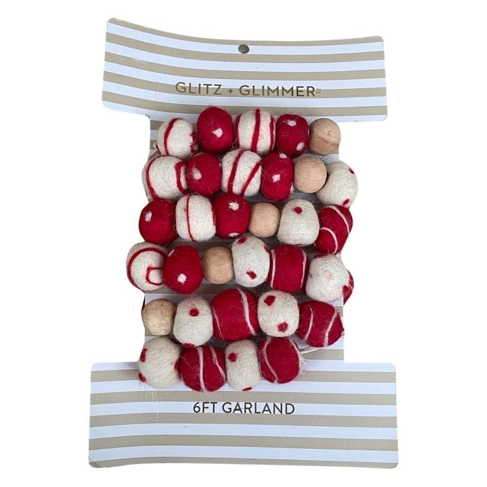 Glitz + Glimmer Red & Ivory Felt Poms & Wood Beads 6’ Tree Garland NWT